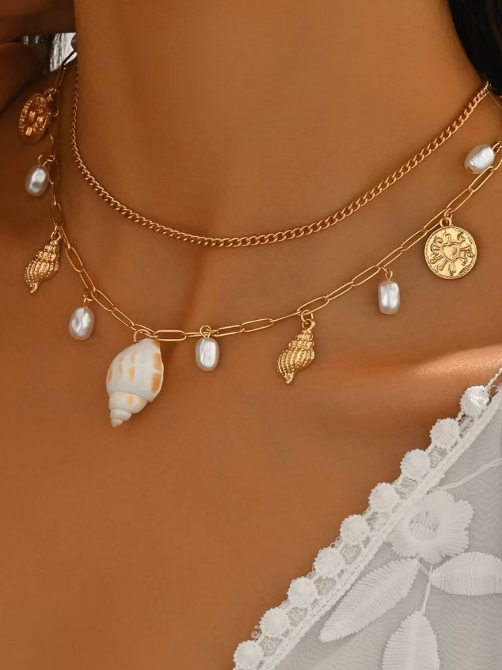 Womens Layered Seashell Charm Necklace Boho Beach Coastal Summer Pendant Jewelry